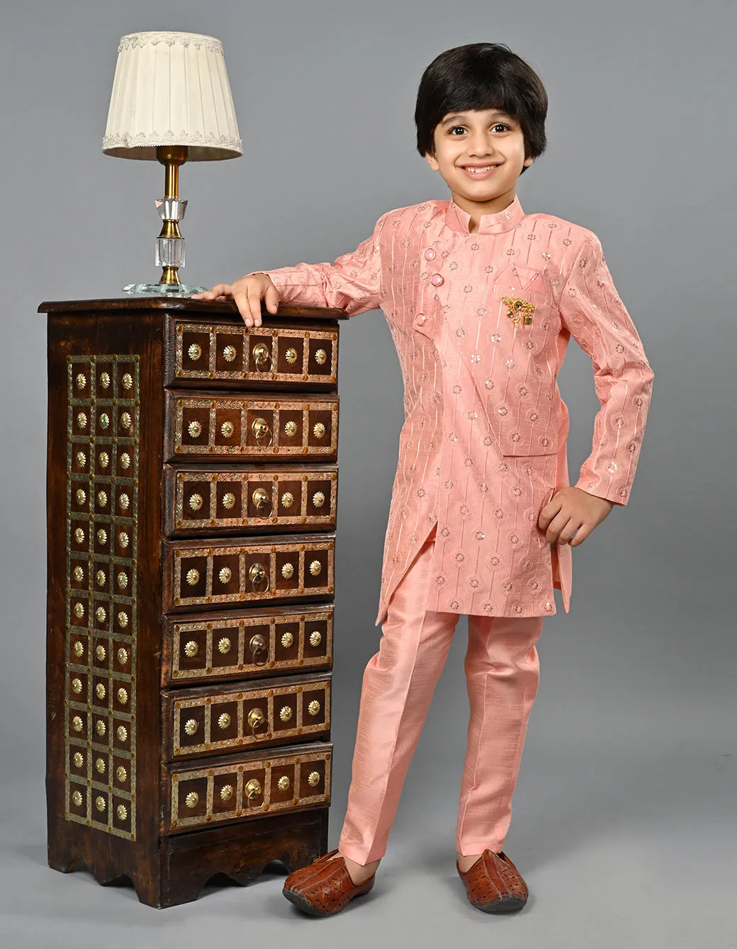 Ahhaaaa Kids Ethnic Silk Blend Indo-Western Sherwani Set For Boys
