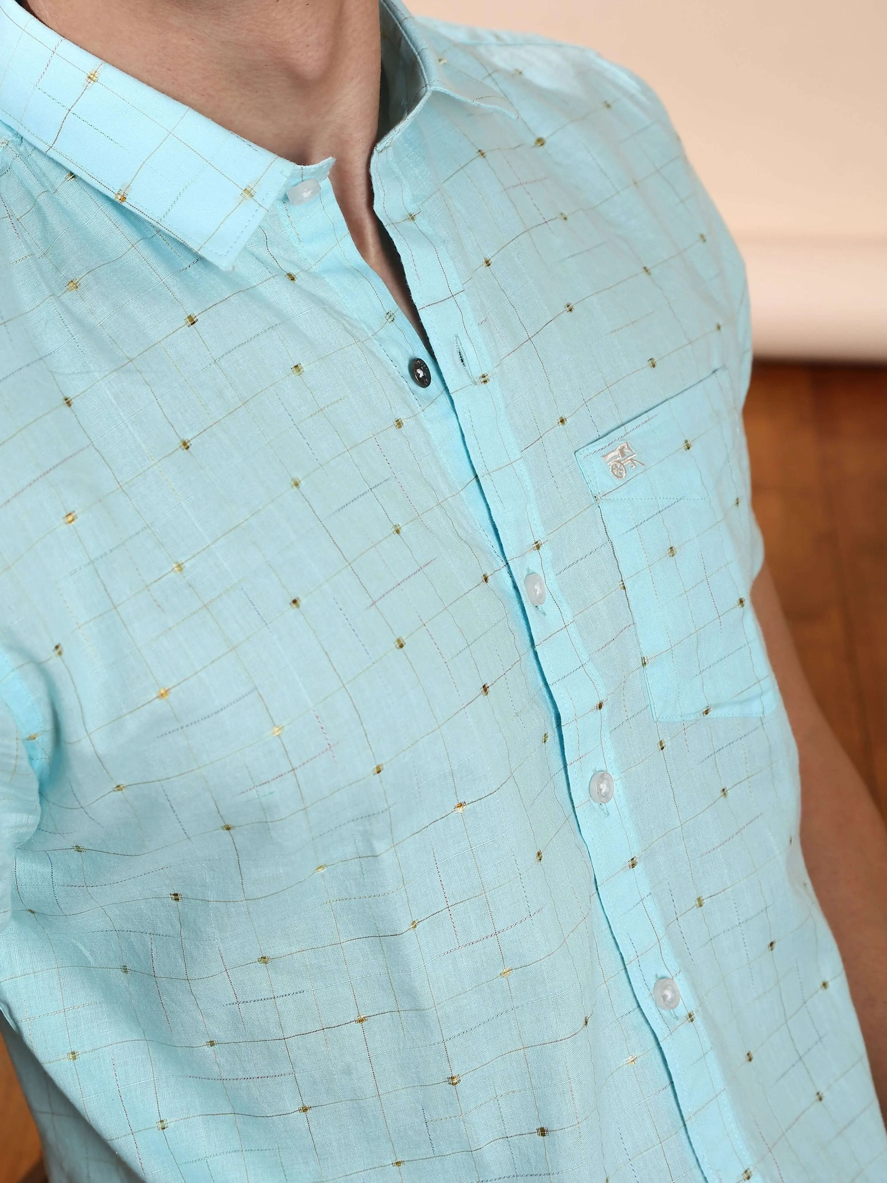 Sky blue casual check half sleeves shirt
